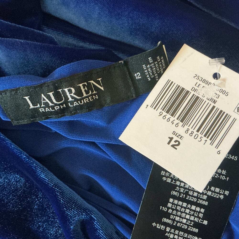 Ralph Lauren Blue Cocktail Dress Velvet Long Sleeve Boat Neck Sheath Size 12 - Picture 11 of 13
